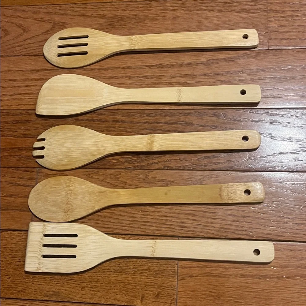 Lot of 5 pc Wooden Bamboo Panda Kitchen Cooking Spoons Utensils NWOT, New